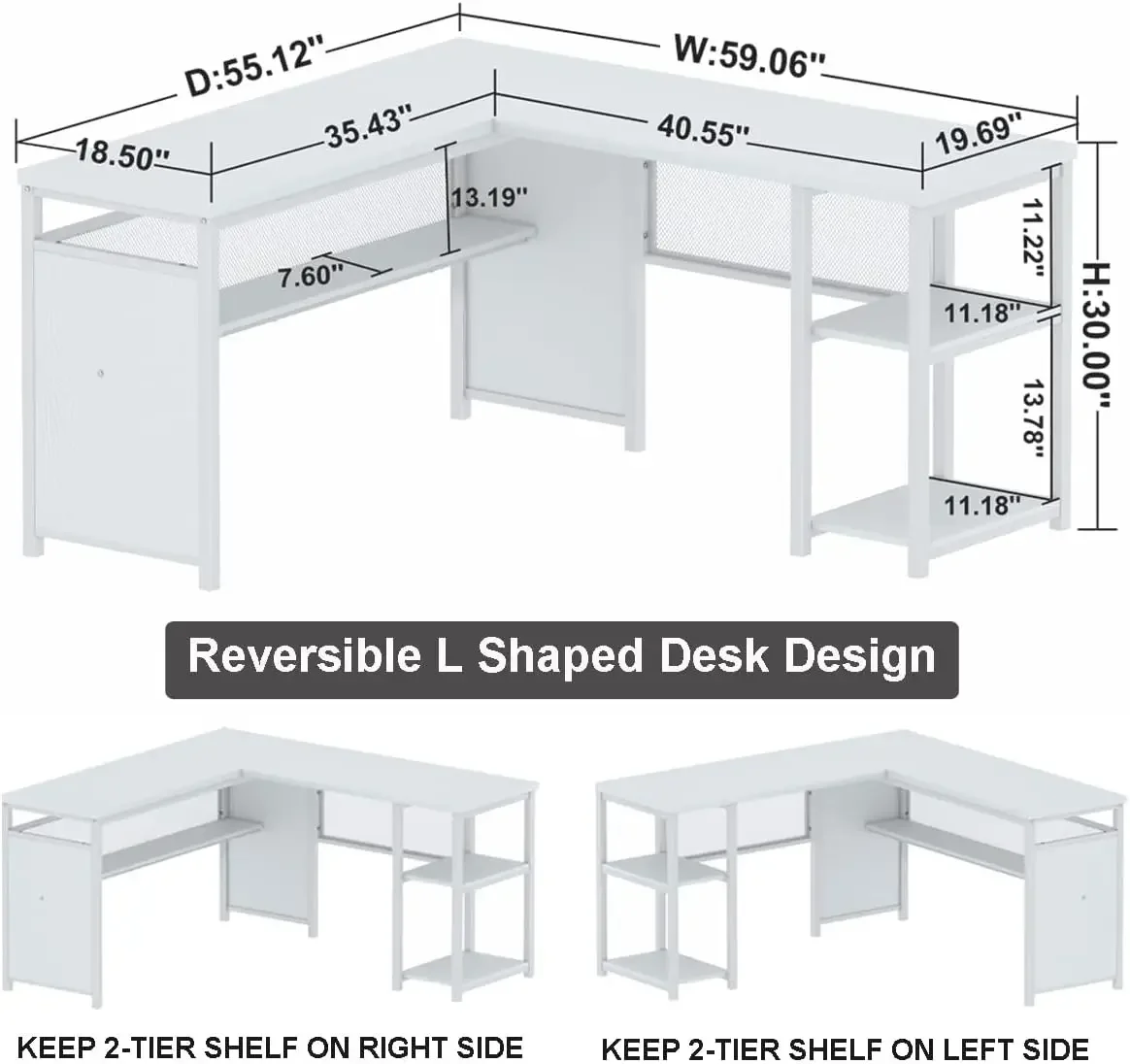 FATORRI-L Shaped Computer Desk com Prateleiras, Mesa de Canto Moderno Reversível para Home Office, Madeira Rústica e Metal