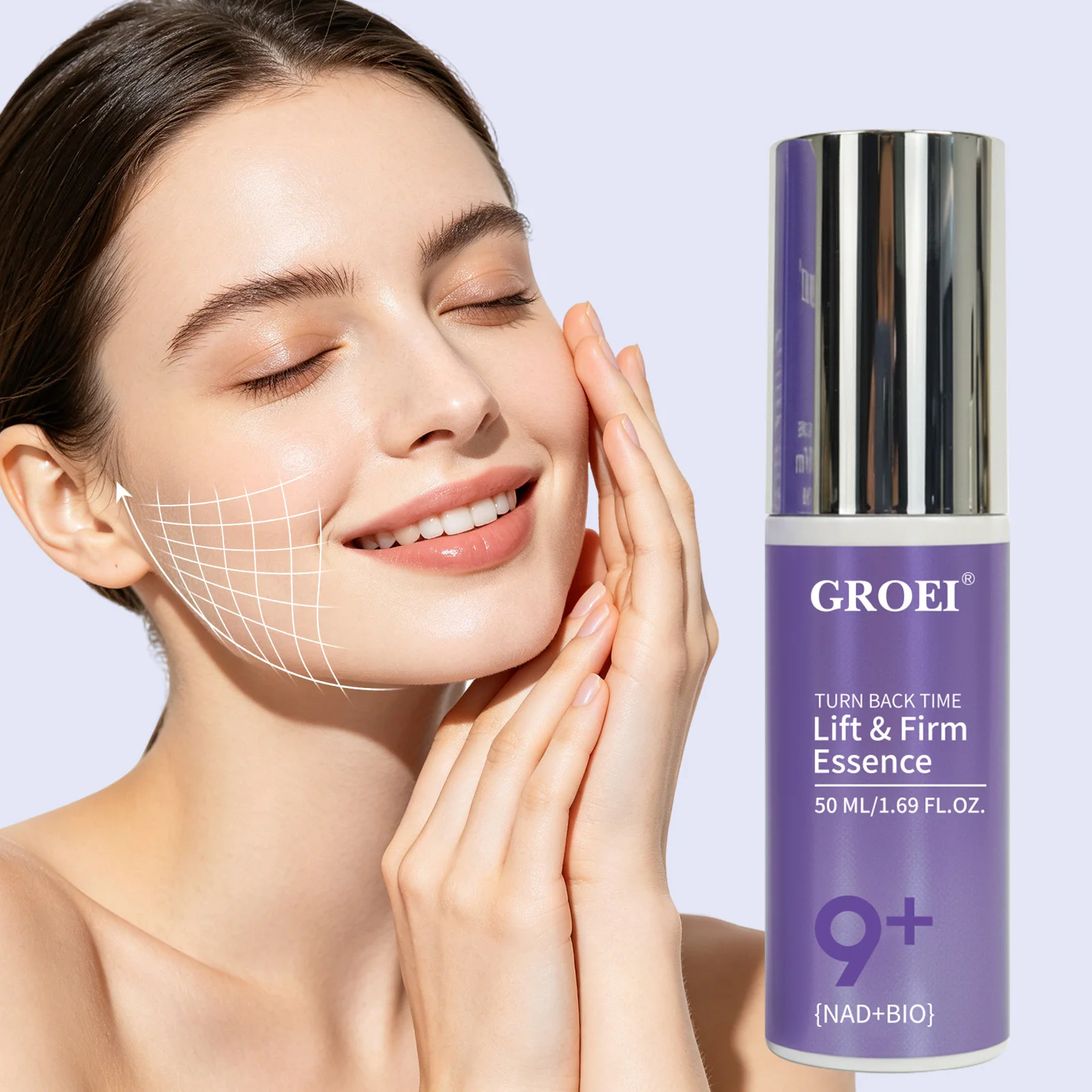 GROEI Lift & Firm Facial Essence, NAD+BIO Compound Formula Face Serum with Hyaluronic Acid, Shea Butter, Vitamin E & Panthenol, Hydrating Smoothing Facial Skin Care Essence, 50ml