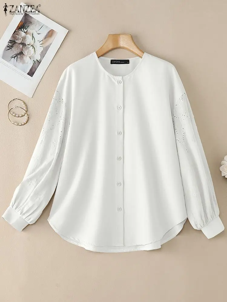 

ZANZEA модные ажурные рубашки женские ажурные вышитые рукава-фонарики с круглым вырезом на пуговицах однотонная повседневная женская рубашка S-3XL