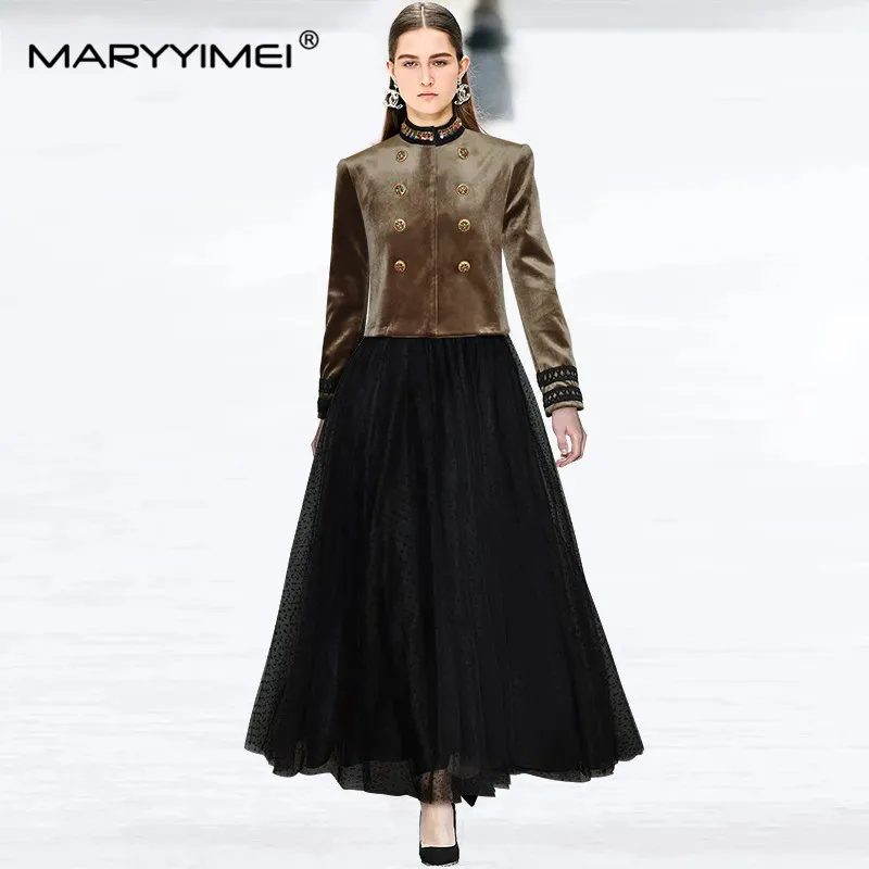 MARYYIMEI Designer Spring Skirts Suit Women Beading Long sleeve Coat + Polka dots Mesh Black Skirt 2 Pieces Set