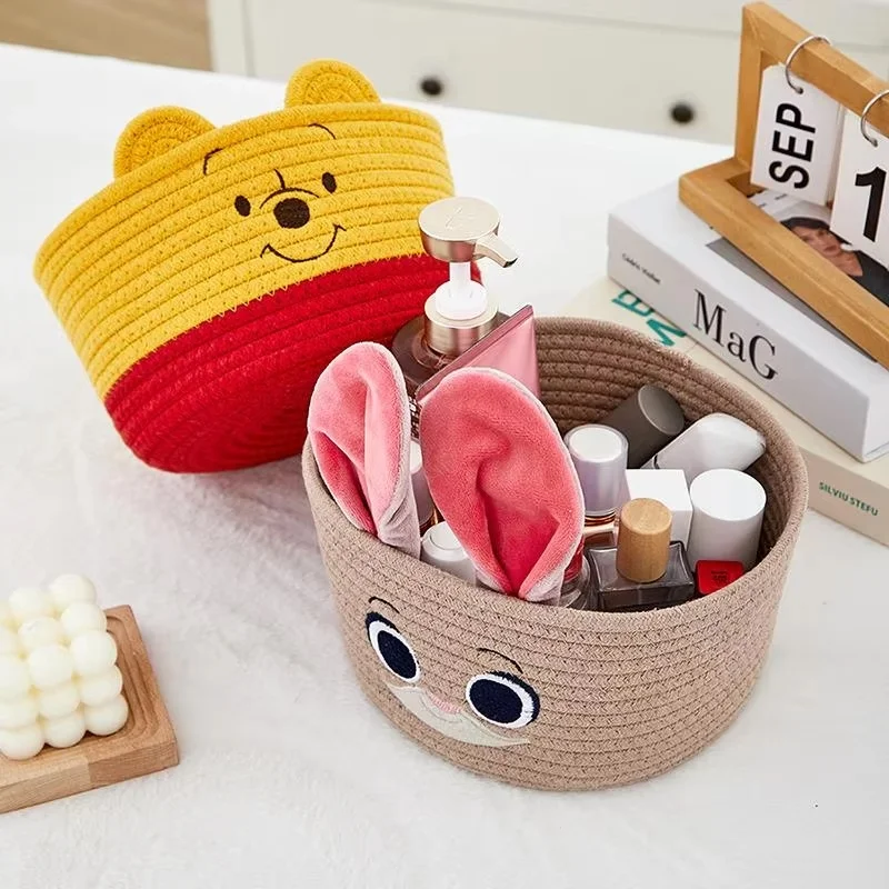 Hot Disney Cartoon Cute Pooh Stitch Lotso Series Desktop Storage Basket Kawaii Creative Home Sundries Weaving Storage Basket