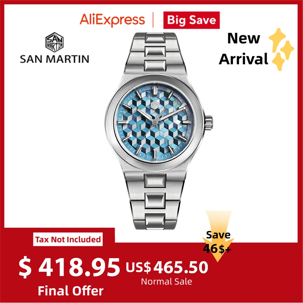 San Martin New 40mm Miyota 90S5 Splicing MOP Dial Automatic Mechanical Men Watch Transparent Caseback Waterproof 100M SN0149GB