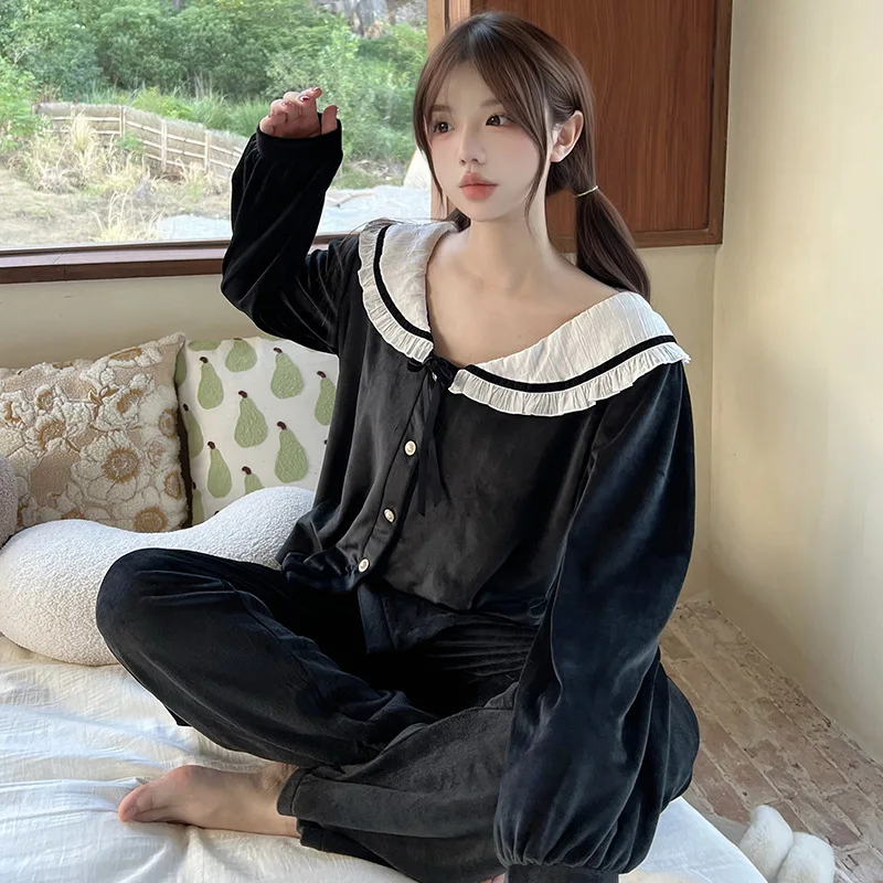 Island Velvet Sleepwear Women's Autumn And Winter New Long Sleeved Cardigan Plus Size Set High-end Solid Color Home Clothing