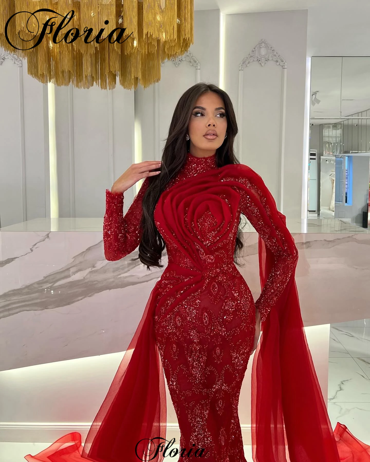 Formal Red Evening Dresses Mermaid Long Sleeves Celebrity Dresses For Women Vestidos De Gala Opening Ceremony Dresses Custom