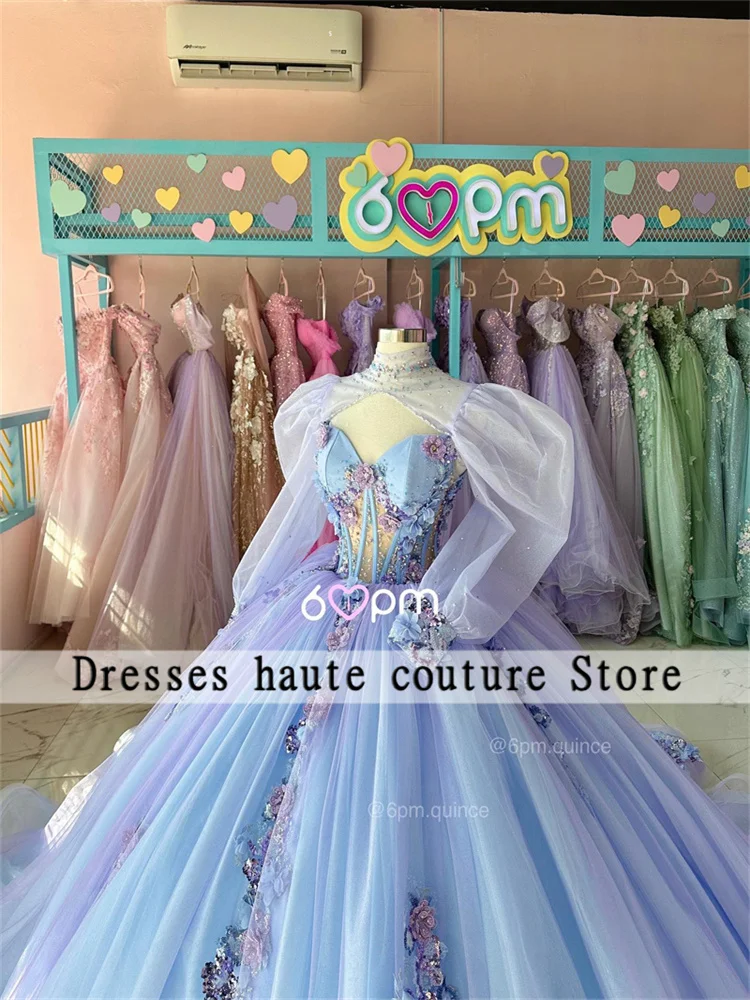 Lavendel Tüll lange lange Ärmel Ballkleid Quince anera Kleider 2024 Spitze Applikationen Blumen süß 15 Kleid Birtjhday Party kleid