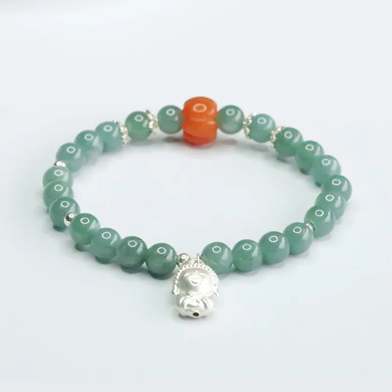 

Natural Blue Water Jadeite Monk Bead Bracelet Zen Silver Charms Calm Amulet