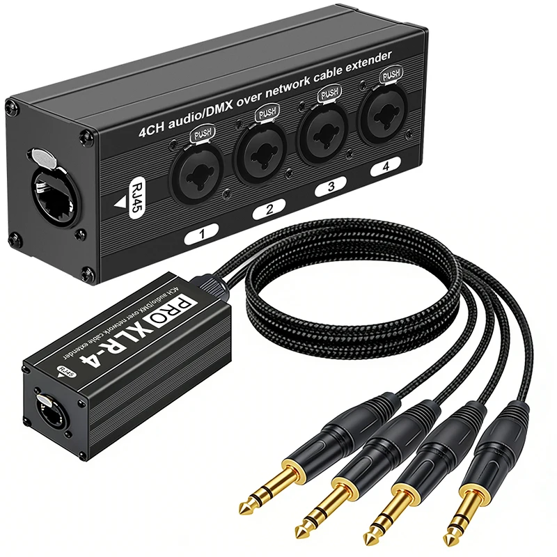 STP RJ45 CAT5 zu 4-Kanal 3-Pin XLR/6,35mm Audio- und DMX-Über-Netzwerk-Kabelverlängerung, DMX512 Netzwerksignal-Extender Stecker+Buchse – Detail 1