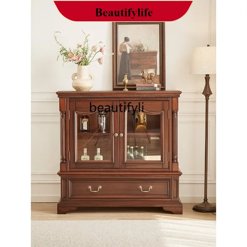 

G1218 Solid Wood Low Wine Cabinet Living Room Black Walnut TV Side Cabinet Two-Door Small Display Sideboard Decorative Cabinet
