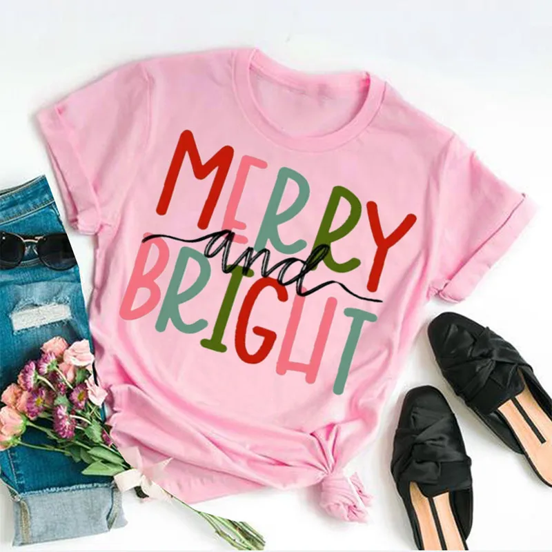 Merry and Bright Christmas Family or Women Merry Short Sleeve Top Tees 100% Cotton Streetwear Harajuku goth kawaii Drop shipping
