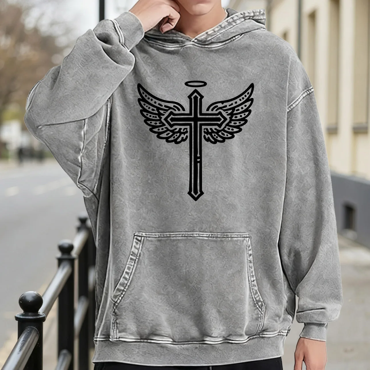 سترة بغطاء للرأس برسومات مغسولة كلاسيكية للرجال من Angel of the Cross، بلوفر ريترو متعثر، سويت شيرت كاجوال ملابس الشارع