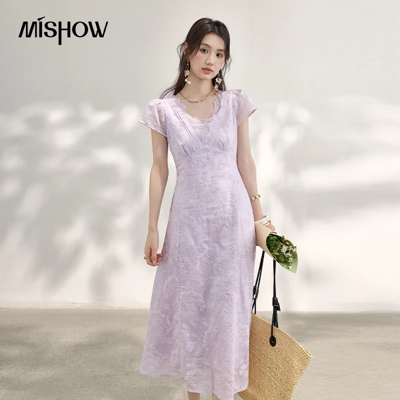 

MISHOW Women's Lace V Neck Ruffle Midi Dress 2026 Summer Eyelet Embroidery Slim Fairy Style Light Purple Long Dress MXF26L2685