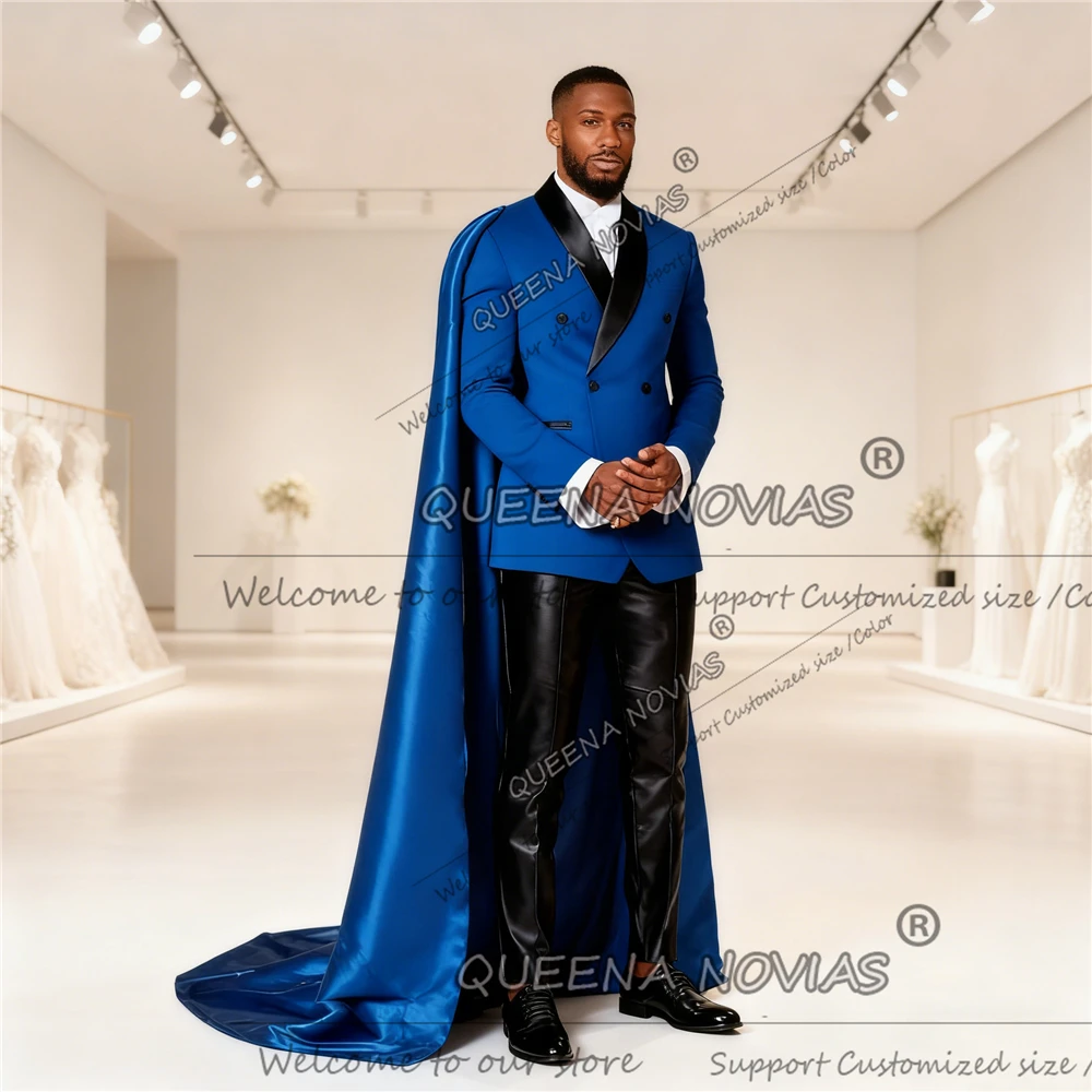 Smoking da sposo con risvolto in raso scintillante con mantello Giacca doppiopetto personalizzata Pantaloni da uomo Slim Trajes Para Hombre