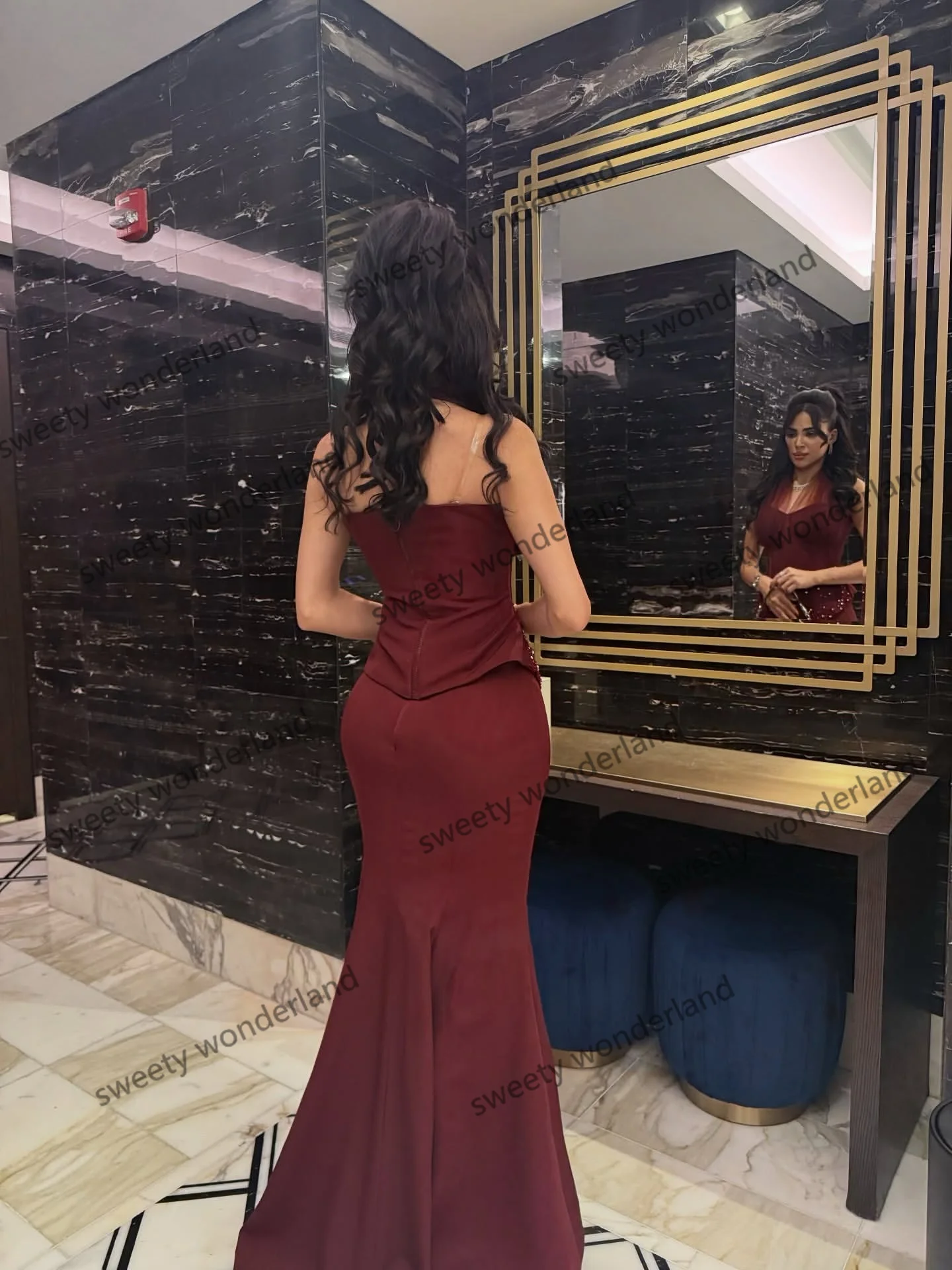 Robe de soirée en Satin bordeaux, col licou, perles, style sirène, Maxi, robe de soirée de mariage, personnalisée
