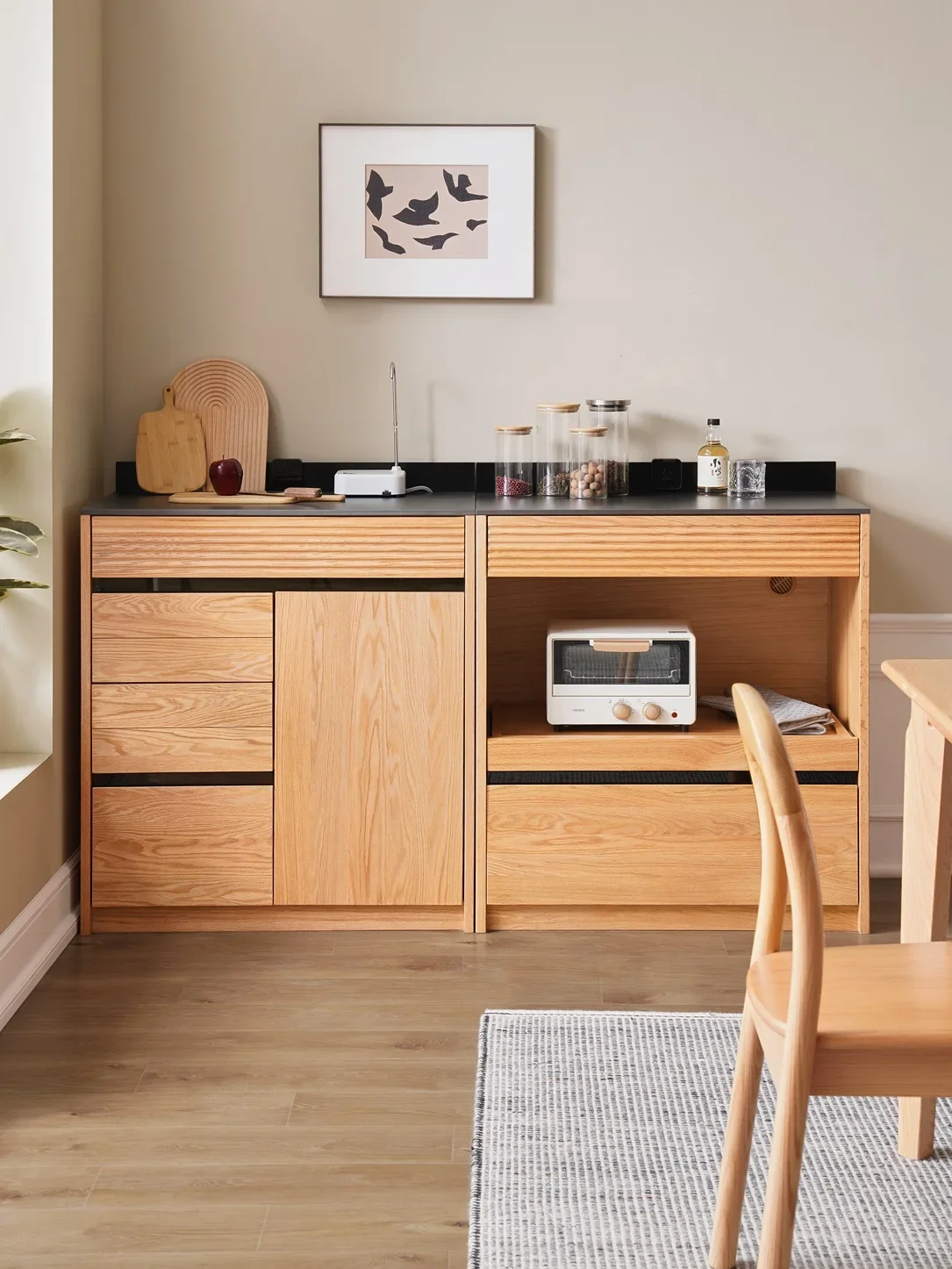 

Furniture Simple Black Sintered Stone Top Buffet Sideboard Solid Oak Wood Sideboard for Dining Room