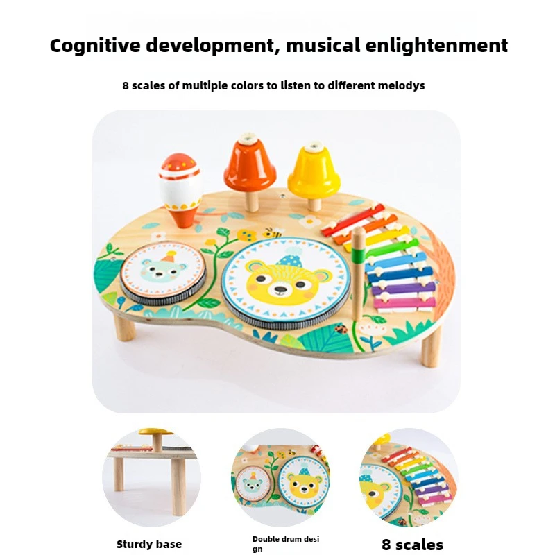 Wooden Multifunctional Percussion Instrument Drum Stand Bell Music Puzzle Enlightenment Children's Simulation Instrument Toy