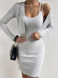 Moda Damska Slim Mini Sukienka 2-częściowa Jesienna prążkowana sukienka z podwójnym paskiem Bodycon bez rękawów z kamizelką + kardigan z długim rękawem