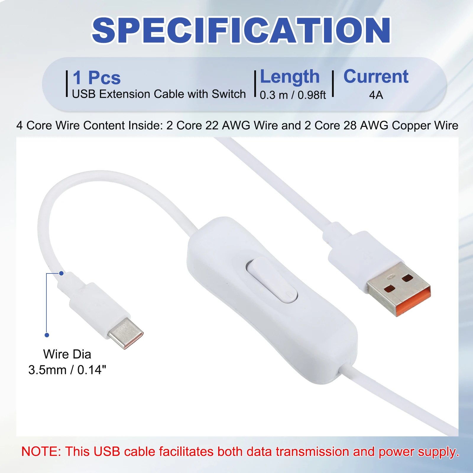 Câble d'extension USB avec interrupteur marche/arrêt 66W, charge rapide de Type C vers USB mâle, cordon d'alimentation de données pour ventilateur à bande LED, 1/2 pièces