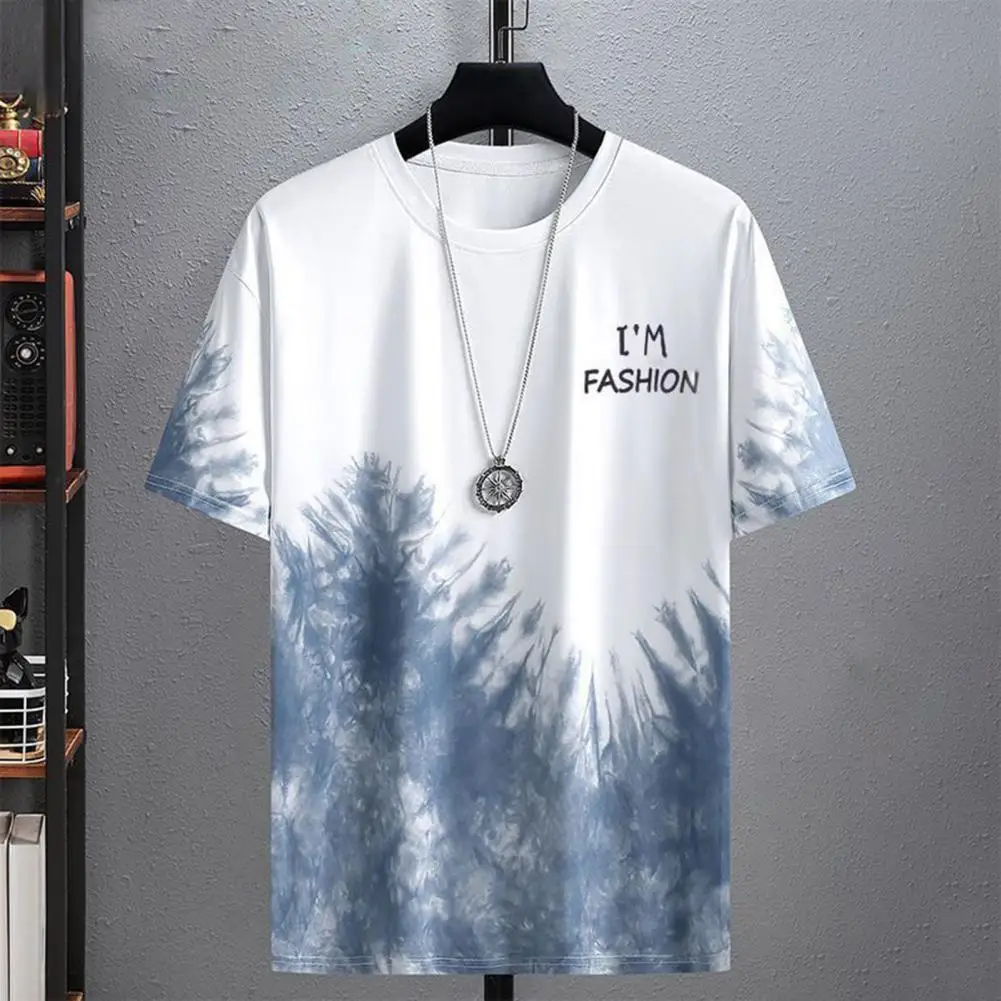 Men T-shirt Gradient Print Short Sleeve Summer T-shirt Letter Print Plus Size Color Matching T-shirt Casual Men Tees Streetwear