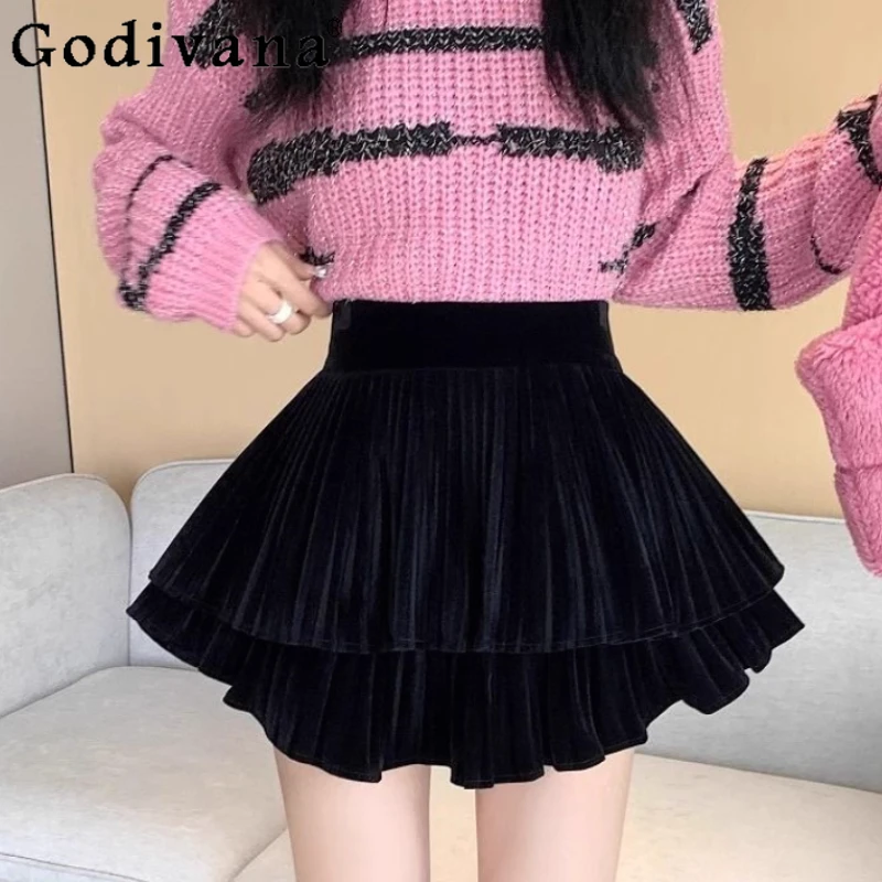 

Женские осенне-зимние модные бархатные юбки трапециевидной формы большого размера, универсальные возрастные черные корейские плиссированные юбки с высокой талией