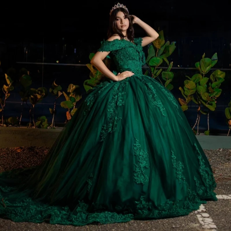 

Dark Green Shiny Quinceanera Dresses Off The Shoulder Applique Lace Beading Bow Tull Corset Party Birthday Sweet 16 Dress Vestid