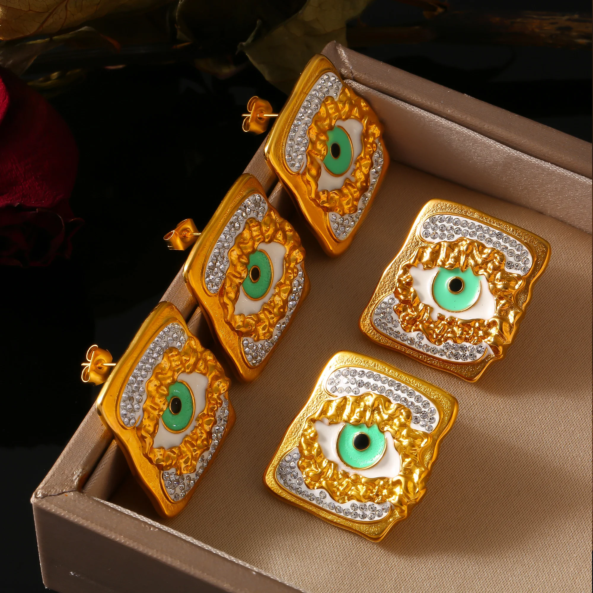 Stainless Steel Square Gold Plated Luxury Rhinestone Ear Studs Green Black Enamel Evil Eyes Earrings Women's Female Jewelry Gift