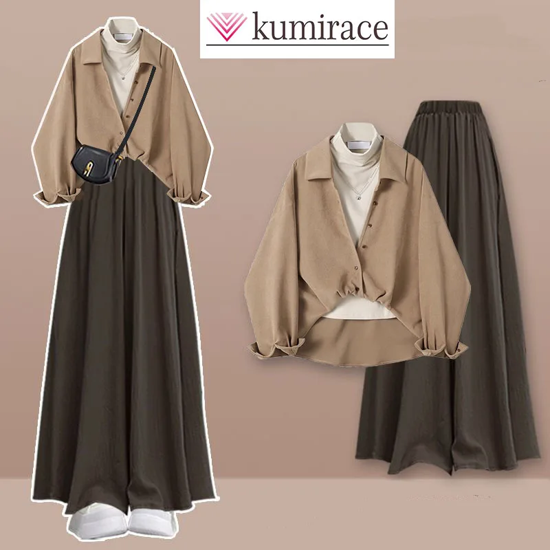 Autumn Set for Women 2024 New Mirad Outfit Design, Shirt with Inner Layer, Top Half Body Skirt Pants Three Piece Set Skirt Se