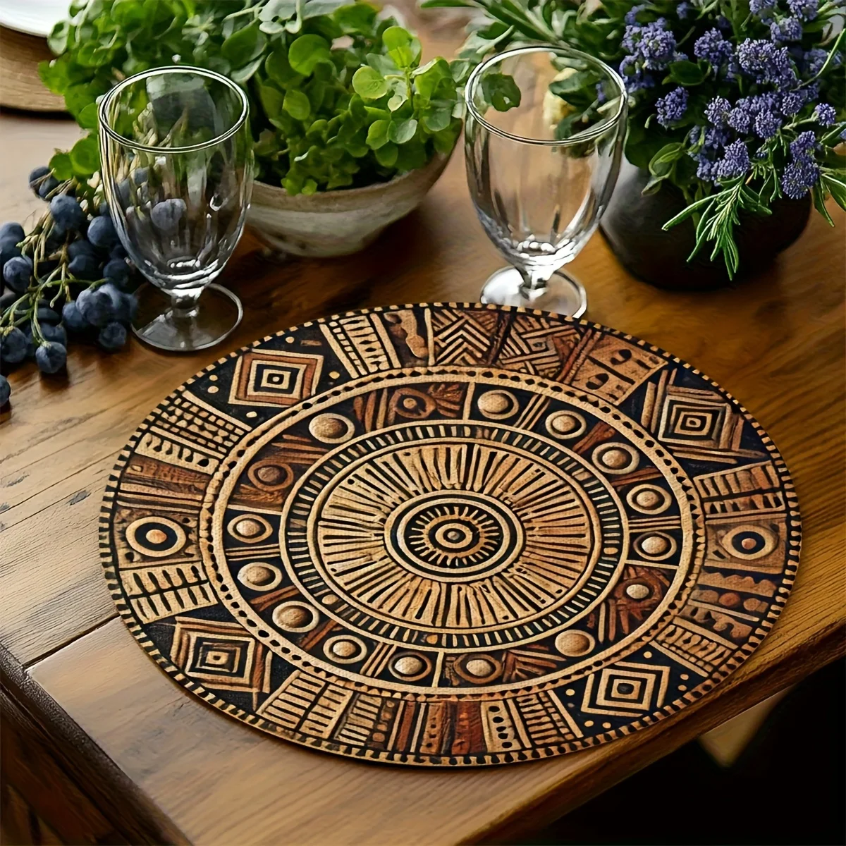 VIKAMA Tribal Geometric Round Placemat Boho Ethnic Table Mat Waterproof Heat Resistant Plate Pad Vintage Dining Decor
