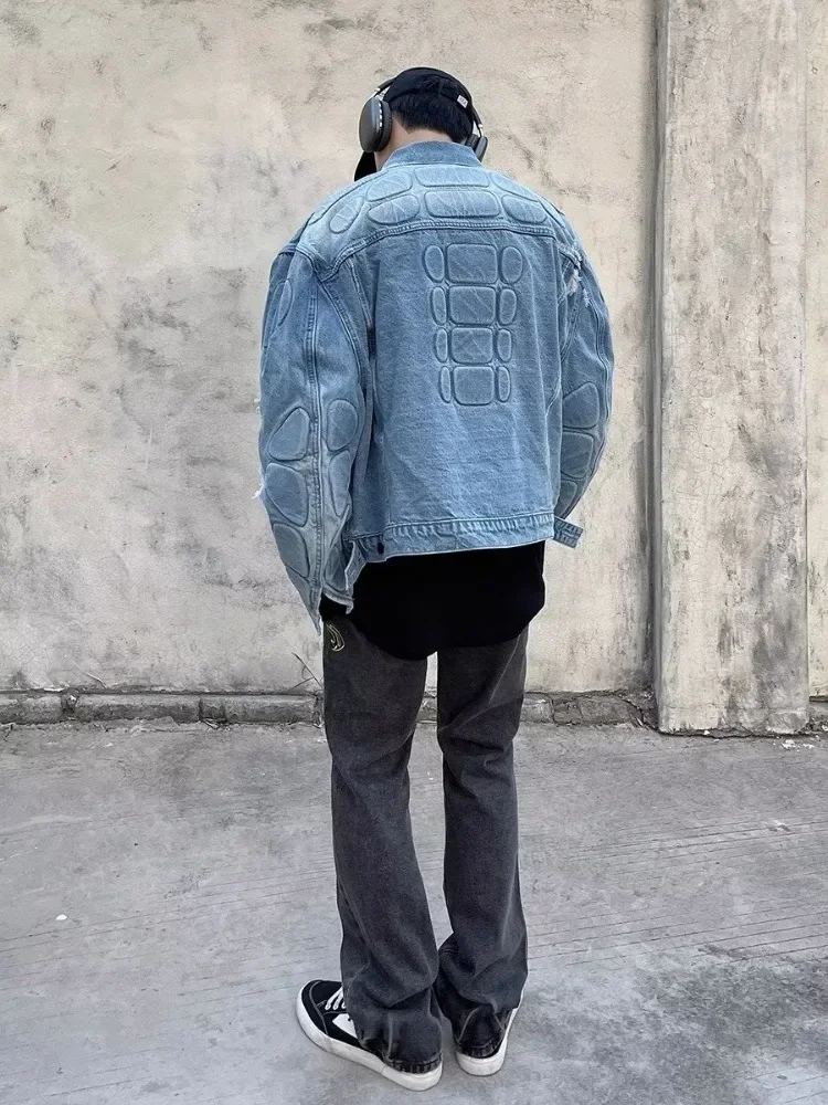 Retro Denim Jacket Men Women 3D Armor Hip Hop Loose Harajuku Bomber Coats Cropped Streetwear Unisex Autumn Spring Jeans Outwear