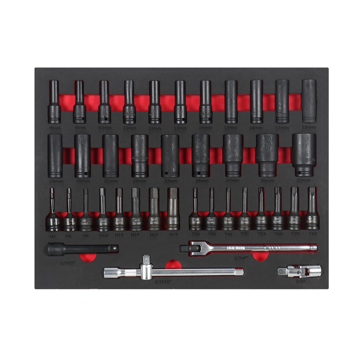 41pcs 1/2 inch Deep Socket Set Tool Kit Universal Impact Socket Set Metric Metal Cabinet Trolley Tool Set In EVA Foam Tray