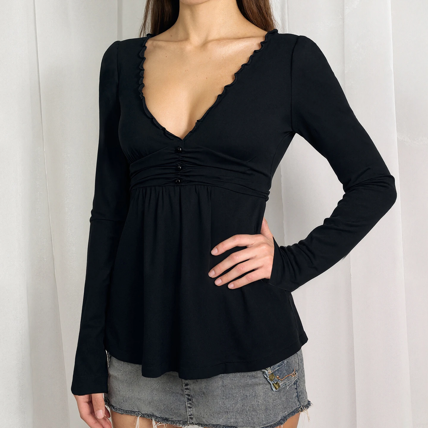 SUCHCUTE Vintage Y2K Women Long Sleeve Top Deep V Neck Ruched Waist Button T-Shirt Casual All Match Outfit  Grunge Fairycore