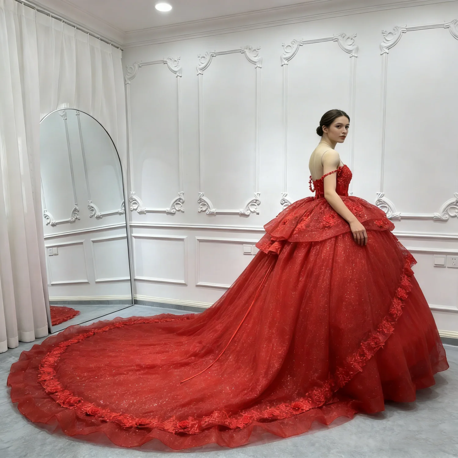 

Real Picture Red Women Wedding Party Dresses Flower Applique Lace Up Ball Gown Prom Birthday Party Quinceanera 15 16 Customized