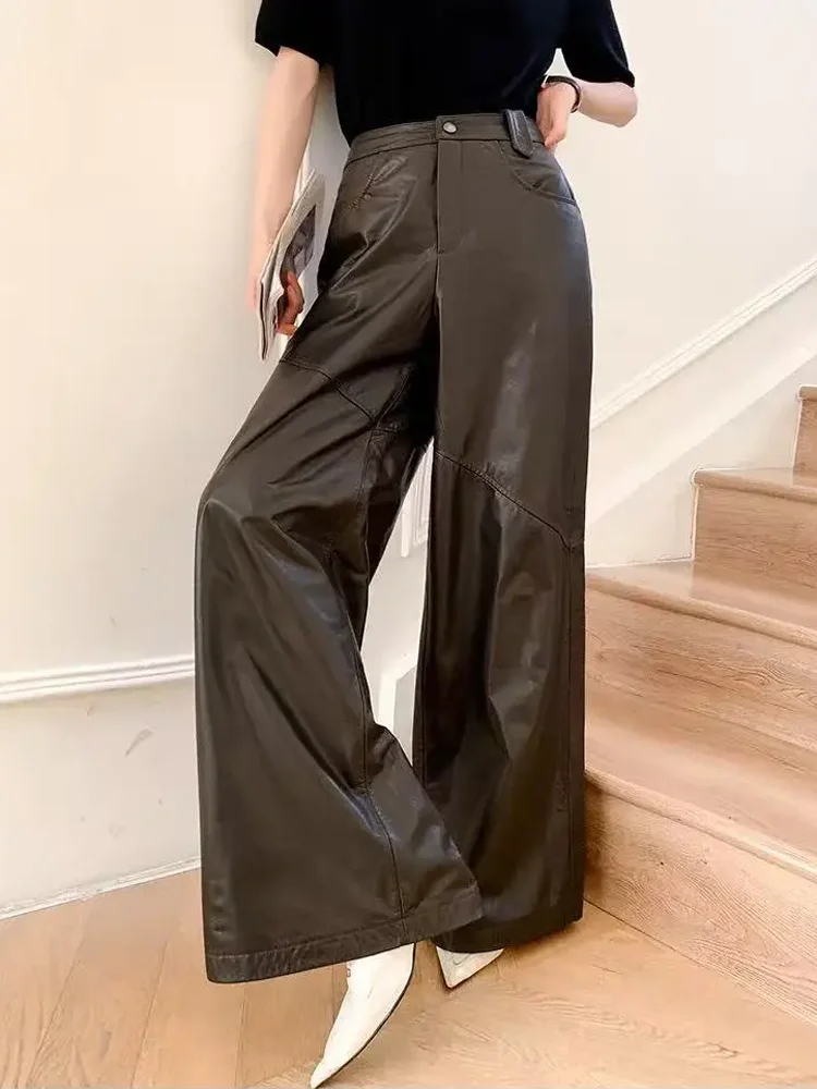 Wide Leg Genuine Leather Pants for Women Full Length Sheepskin Slightly Flared Pantalon Femme Tapered Trousers with Loops