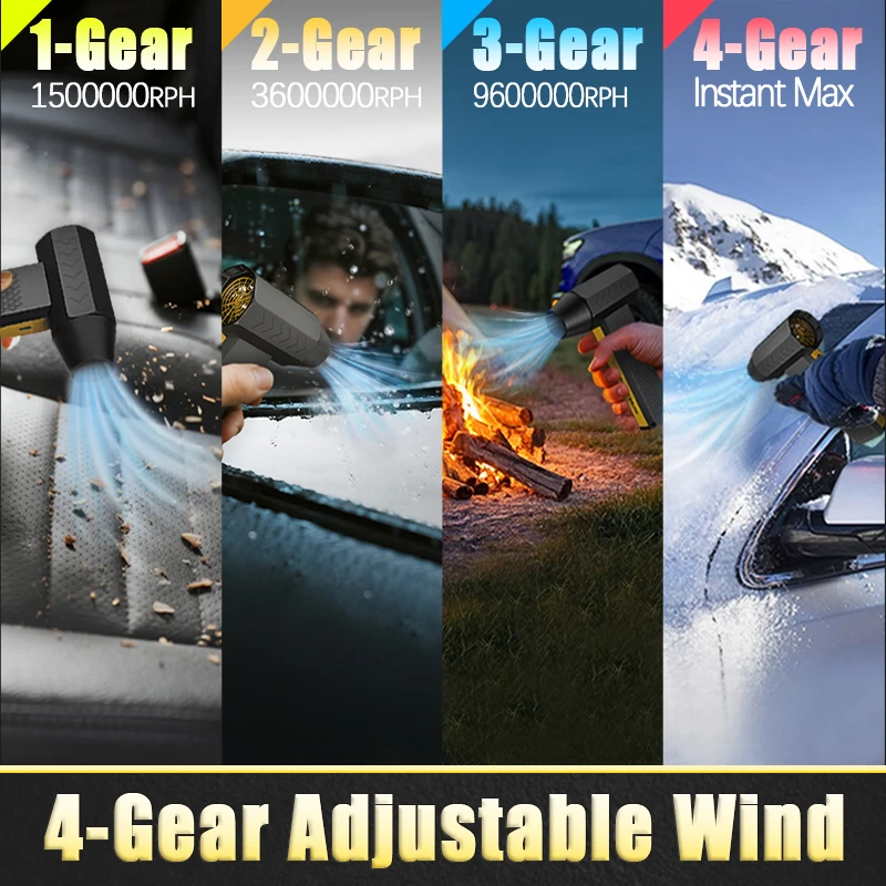 휴대용 터보 제트 팬, 조명 포함 핸드헬드 터보 제트 블로워, 200W 고출력, 자동차 제설기용 4단계 풍속 조절