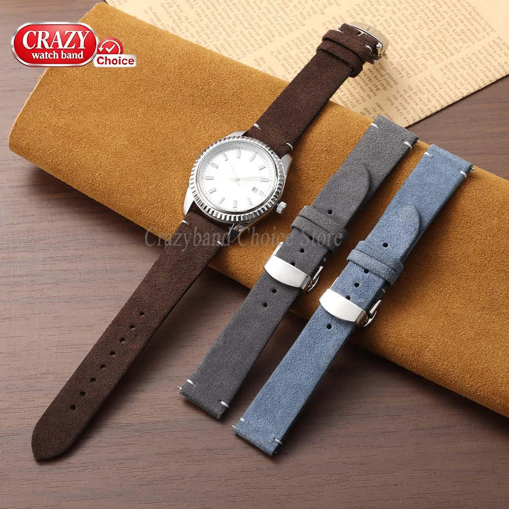 20mm 22mm Suede Leather Watch Strap for Omega for Seiko Brown Universal Vintage Cowhide Band Butterfly Buckle Men Women Bracelet