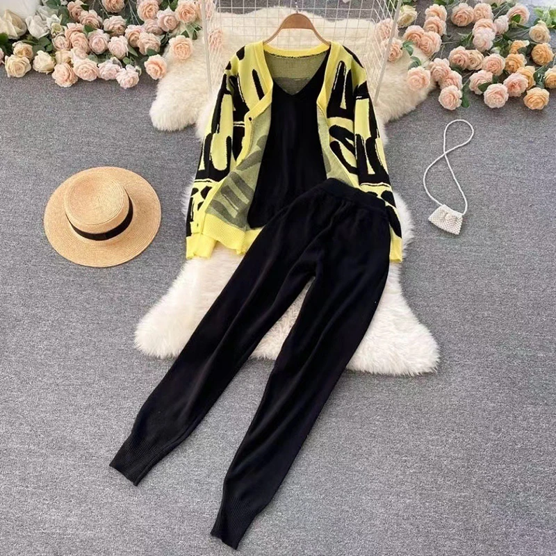 Fall Winter Women Knitted 3 Piece Sets Korea Elegant Letter Design Cardigan Coats Tops Outfit High Waist Jogger Harem Pants Suit