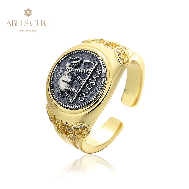 Ables Chic Greek Julius Caesar Silver Coins Solid 925 Silver Roman Coin Wide Open Ring R1008