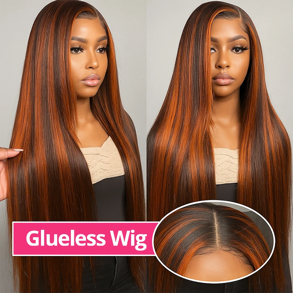 مستقيم # 4/350 البرتقال الزنجبيل أومبير تسليط الضوء على شعر مستعار ترقية 5x5 غلويليس ارتداء والذهاب البرازيلي ريمي قبل قطعها خصلات الشعر المستعار الإنسان