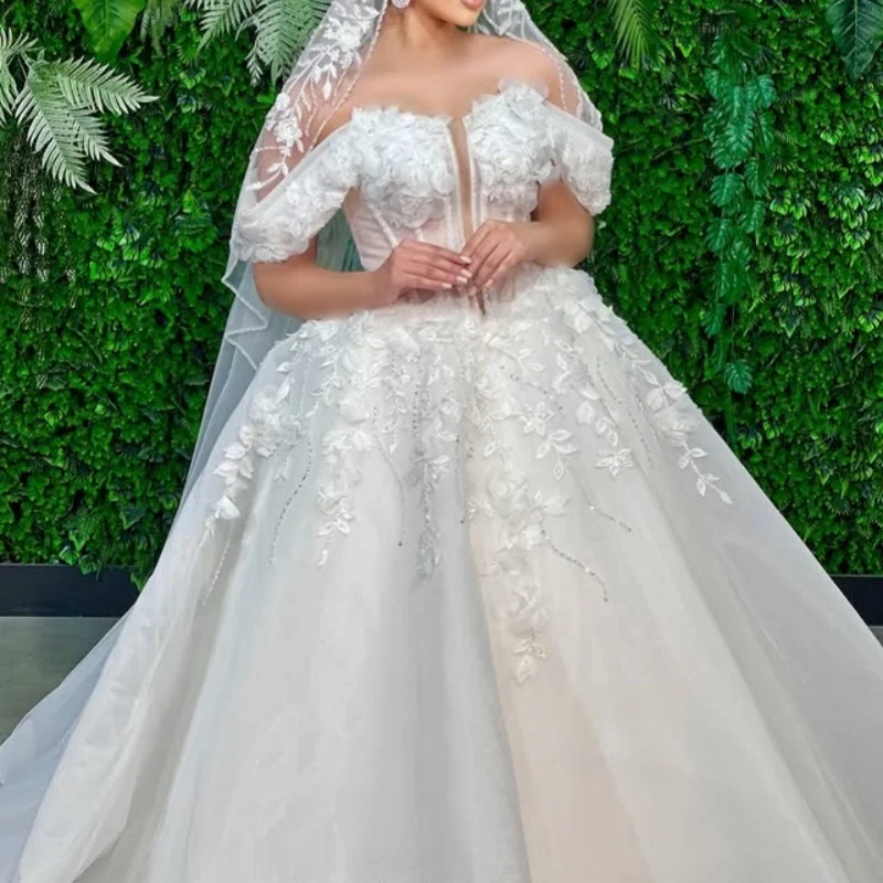 Shiny White Appliques Wedding Dresses V-neck 3D Flower Decal long tail puff skirt off-shoulder Made wedding dress Bridal Gown