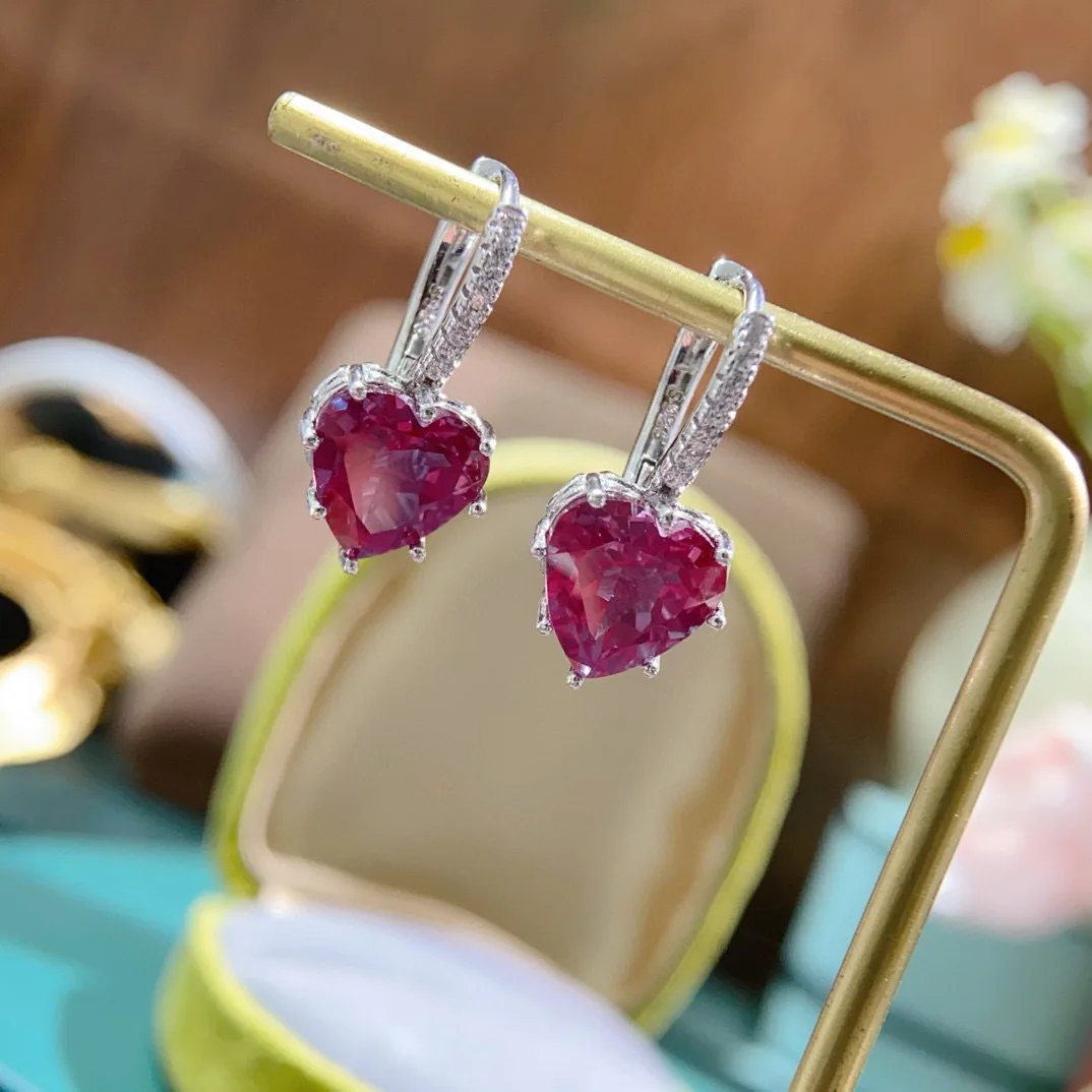

S925 Silver Inlaid Alexandrite Color-changing Stone Earrings, Finely Inlaid, Main Stone 10*10mm Heart