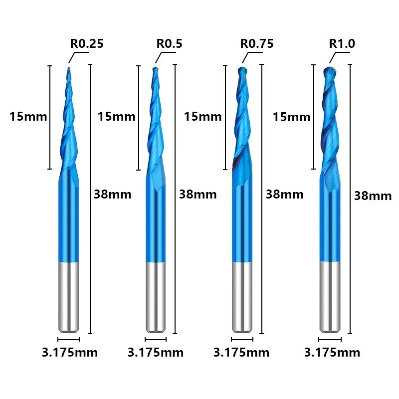 XCAN 2 Flute CNC Router Engraving Bit R0.25-1.0 Tapered Ball Nose Milling Cutter 3.175mm Shank Carbide End Mill for Woodworking