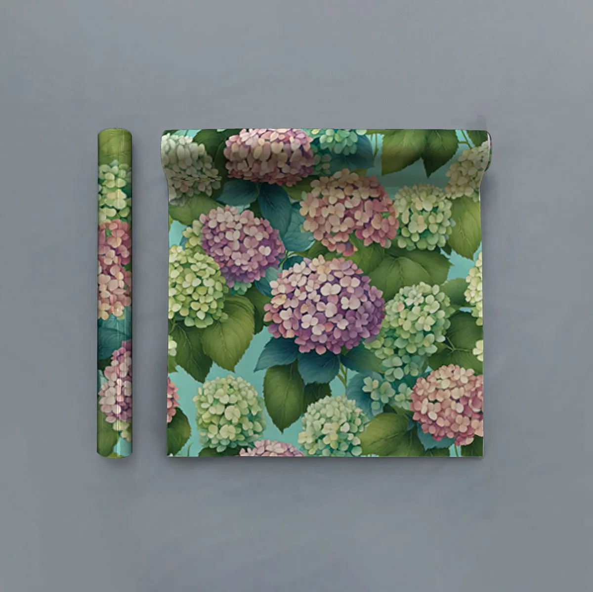 PVC recycled wallpaper with hydrangea and green leaf patterns for decoration, waterproof