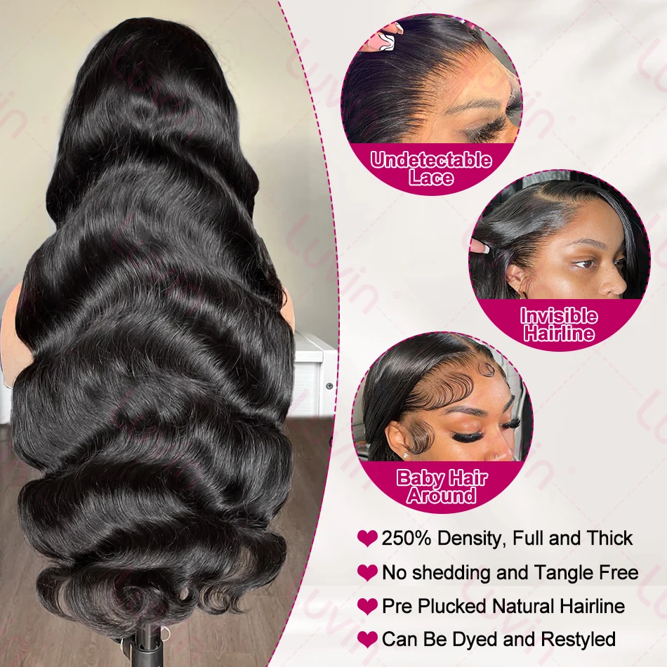 Luvin 250% HD 13x6 الدانتيل الجبهة باروكة من شعر طبيعي 40 42 بوصة شفافة الجسم موجة 6x6 إغلاق البرازيلي ريمي 13x4 الدانتيل شعر مستعار أمامي
