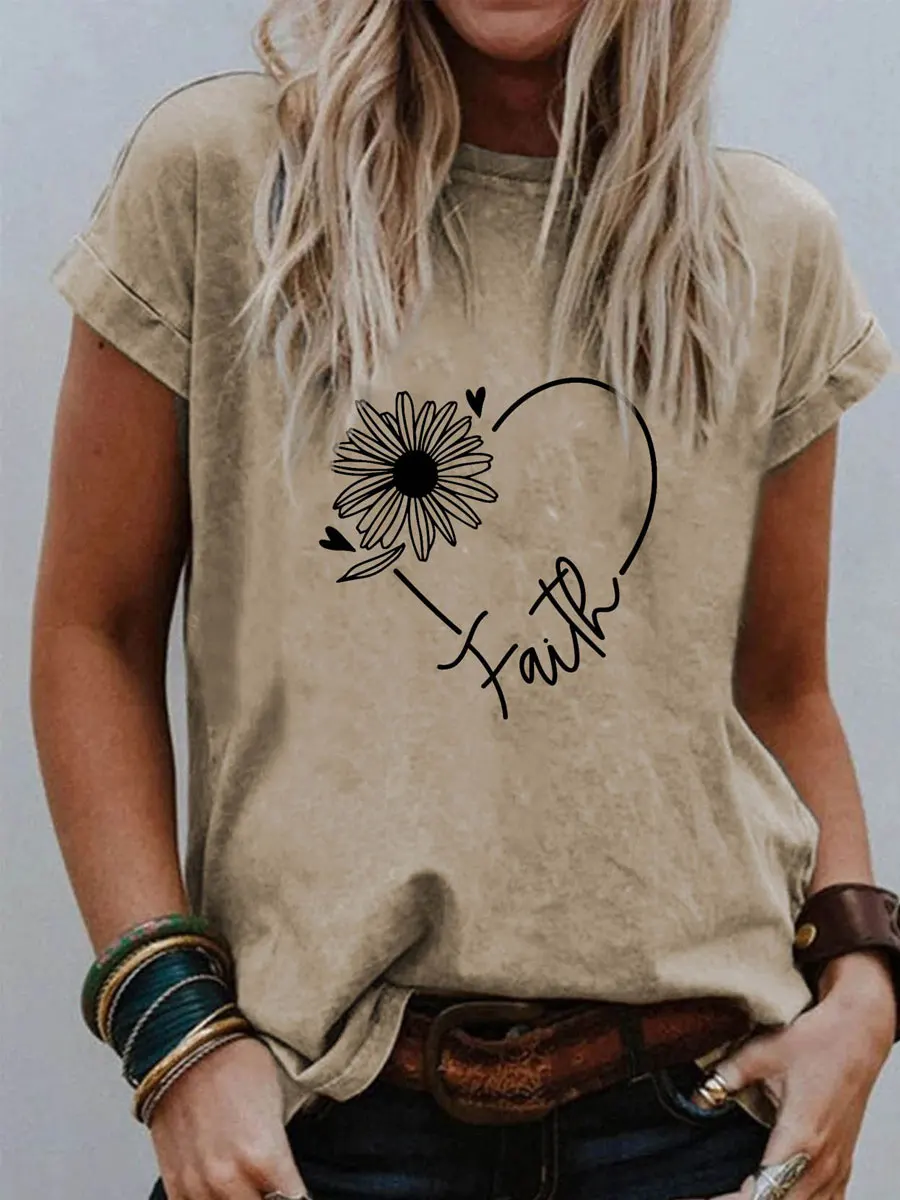 

Letter Small Daisy Printed T-Shirt Round Neck Short Sleeved T-Shirt Casual Daily Top Women's Clothing Me15