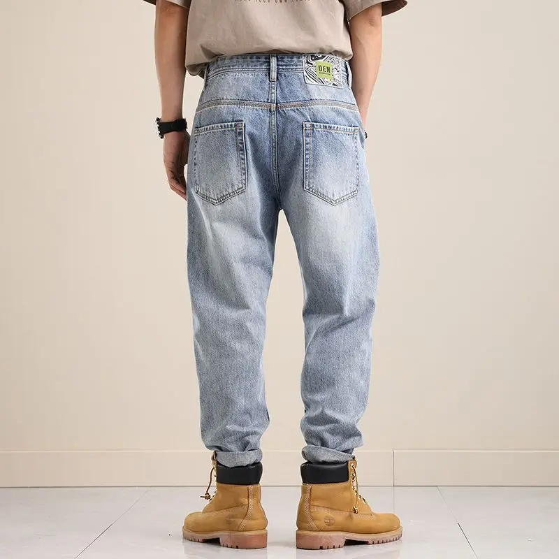 Jean en Denim à jambes droites et amples pour hommes, bleu clair, pantalon décontracté rétro américain avec insert incliné, automne hiver