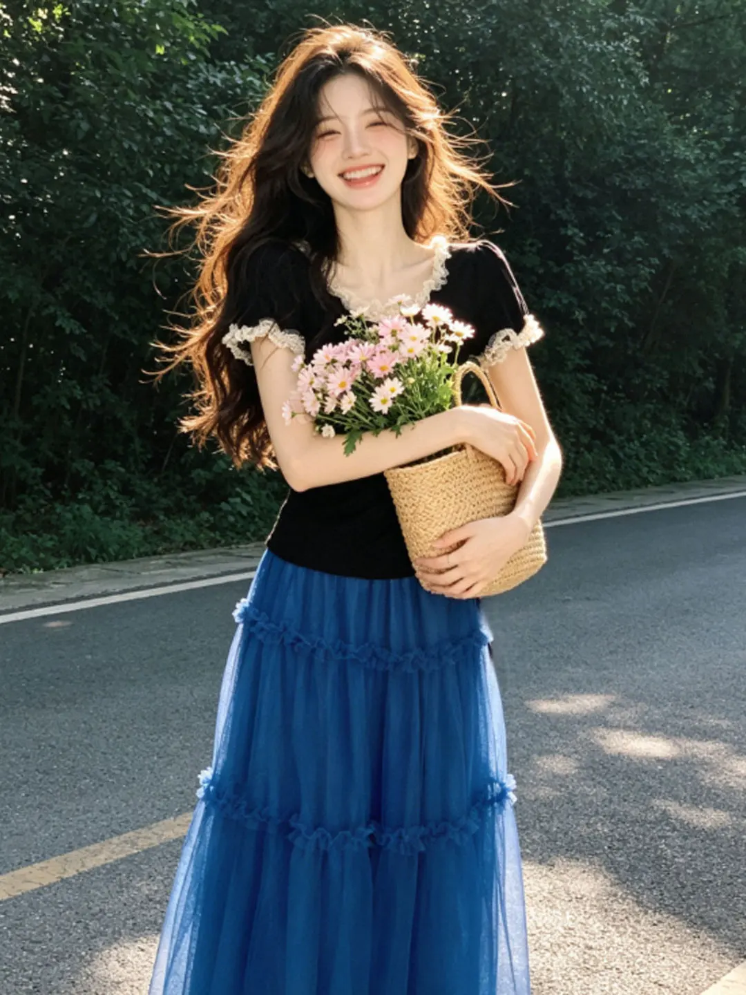 

Summer Atmosphere Gentle Style Women's Fashion Set Soft Feel Top Half Skirt Anti-Aging Whole Set Comfortable Cotton Blend