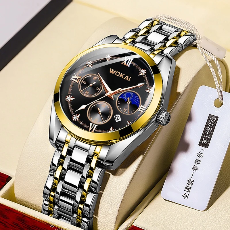 WOKAI High quality luxury calendar men\'s Steel band Quartz Watch Men\'s Business Sport waterproof Roman clock retro