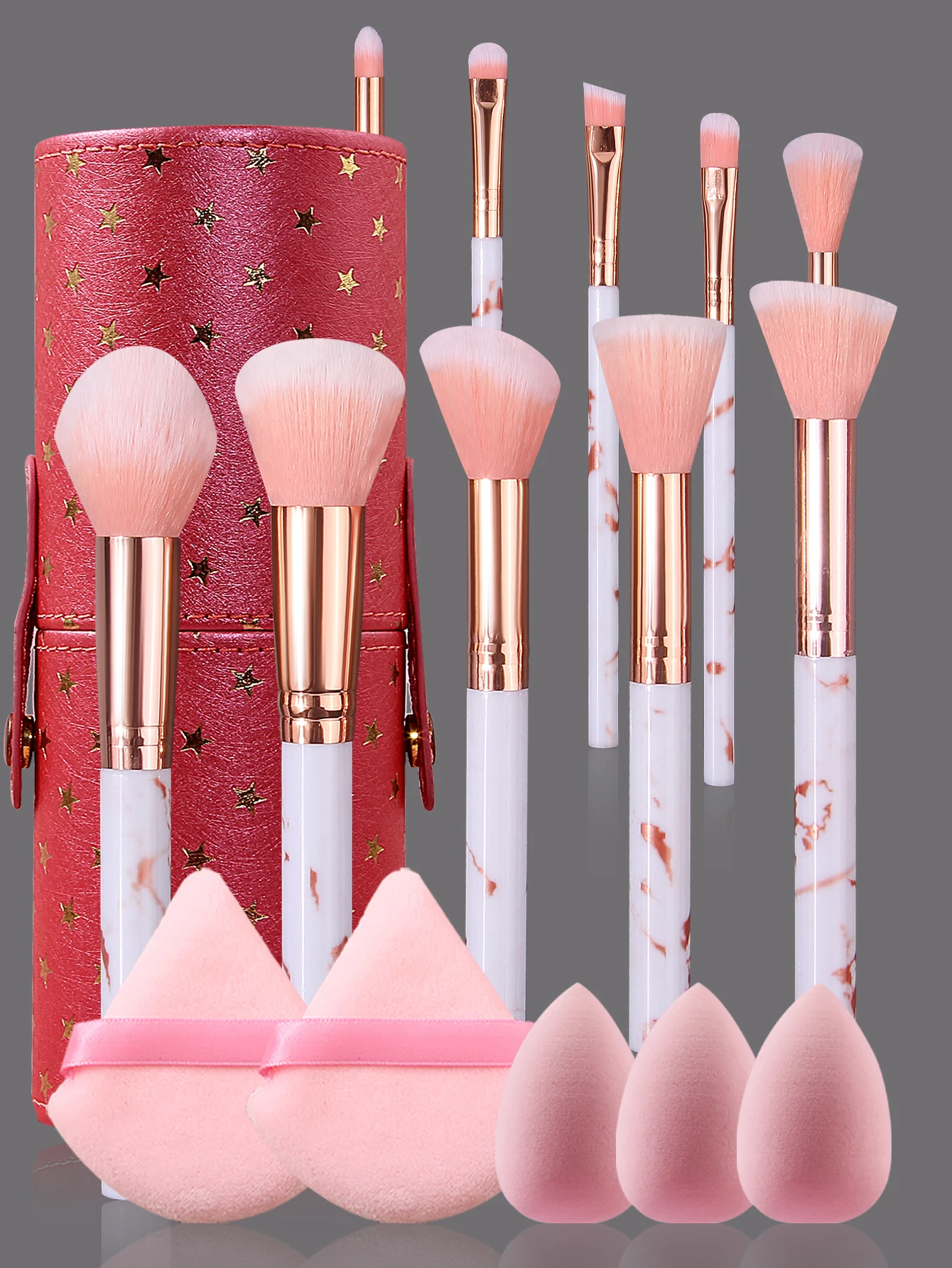 10 pezzi di pennelli per trucco in marmo rosa + 3 mini uova di bellezza + 2 sbuffi di cipria triangolari + un secchio di stoccaggio ad alto livello di aspetto