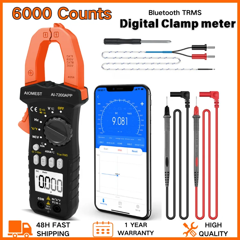 

Digital Clamp meter TRMS 6000 Counts, Non-Contact AC/DC Voltage Measurement, Bluetooth App for HVAC, Inrush Current & More