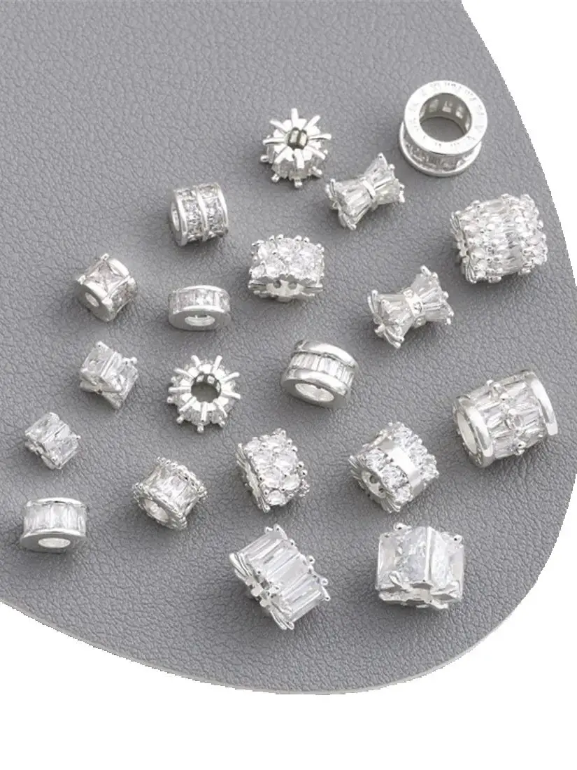 Thick Silver Zircon Bucket Beads Square Partition Beads Large Hole Wheel Beads Waist Road Connectivity DIY Matching Beads 925