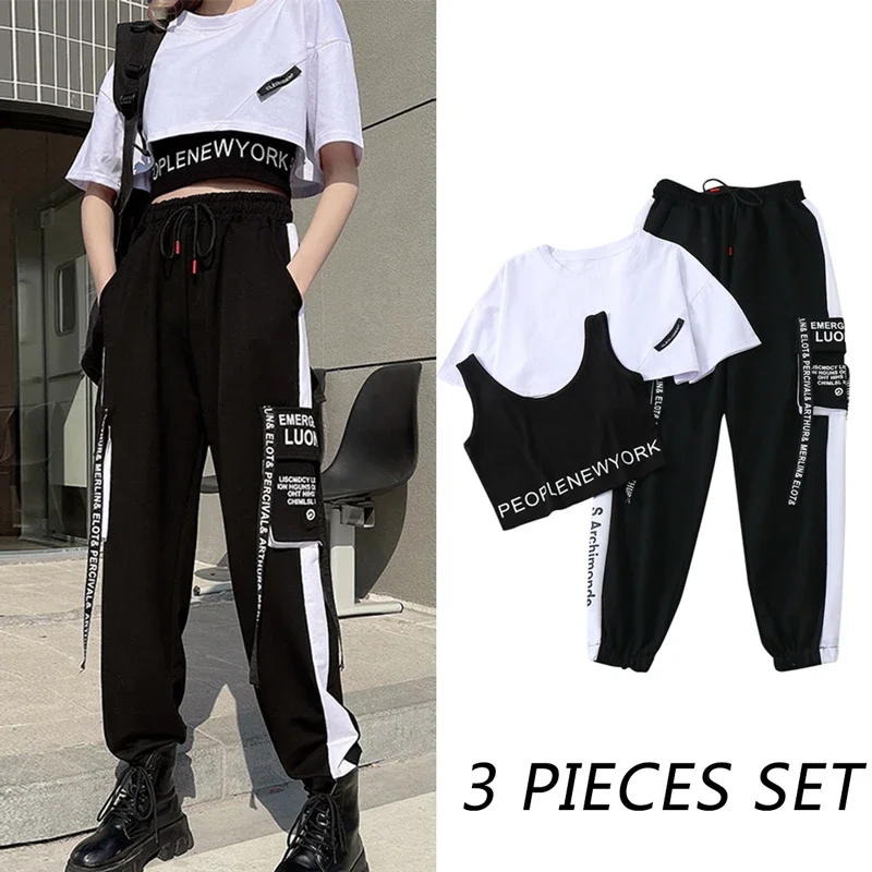 Egirl 3 Pieces Sets With Cargo Pants Alt Clothes Women Gothic Pants T-shirts Suit Techwear Joggers Streetwear Sweatpants Emo